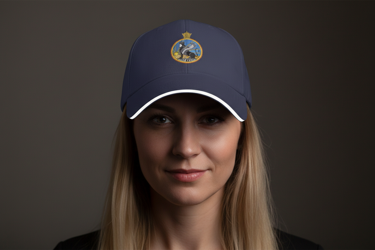 Person wearing a navy blue cap with a logo on a dark background