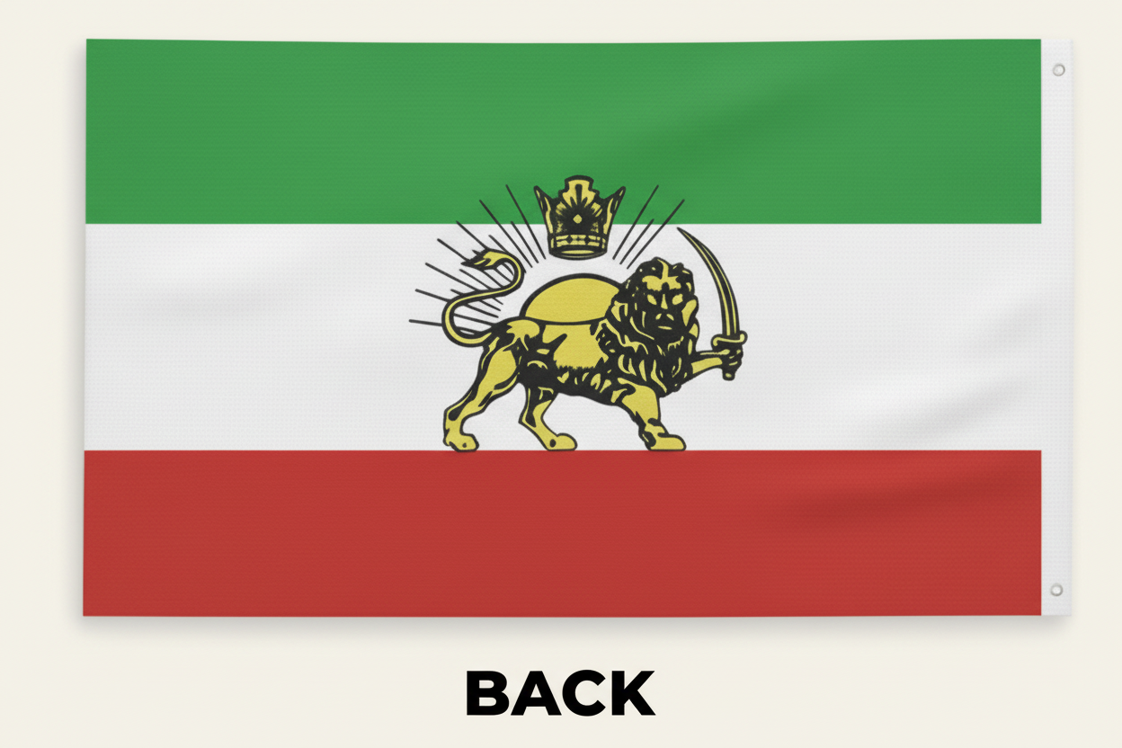 Flag with a lion and crown emblem on a green, white, and red background