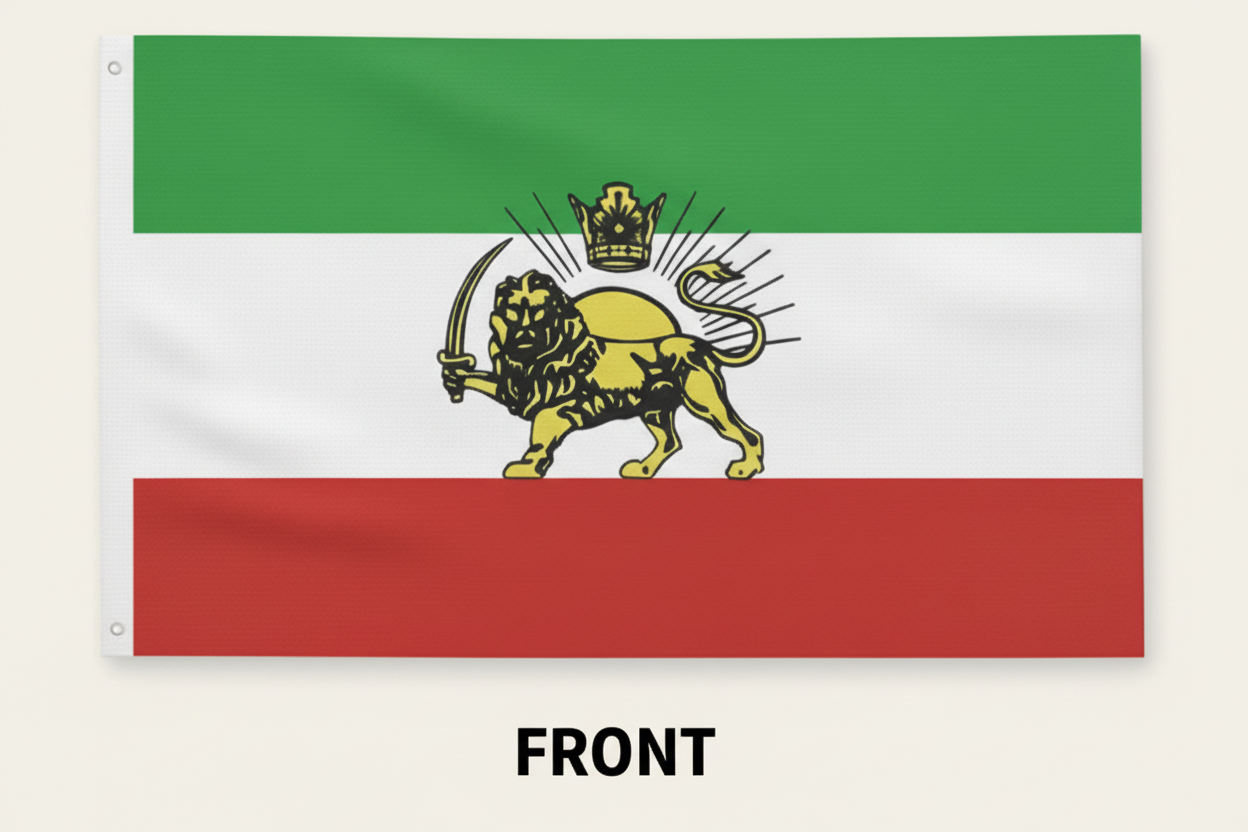Flag with green, white, and red horizontal stripes featuring a lion emblem on a white background.