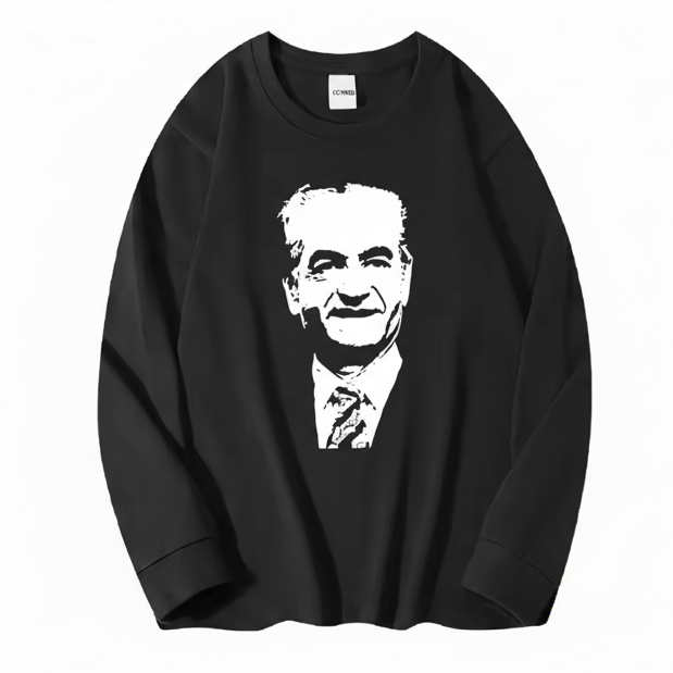 Black sweatshirt with a white graphic of SHAH's face on a white background