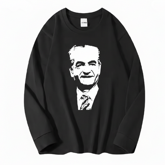 Black sweatshirt with a white graphic of SHAH's face on a white background