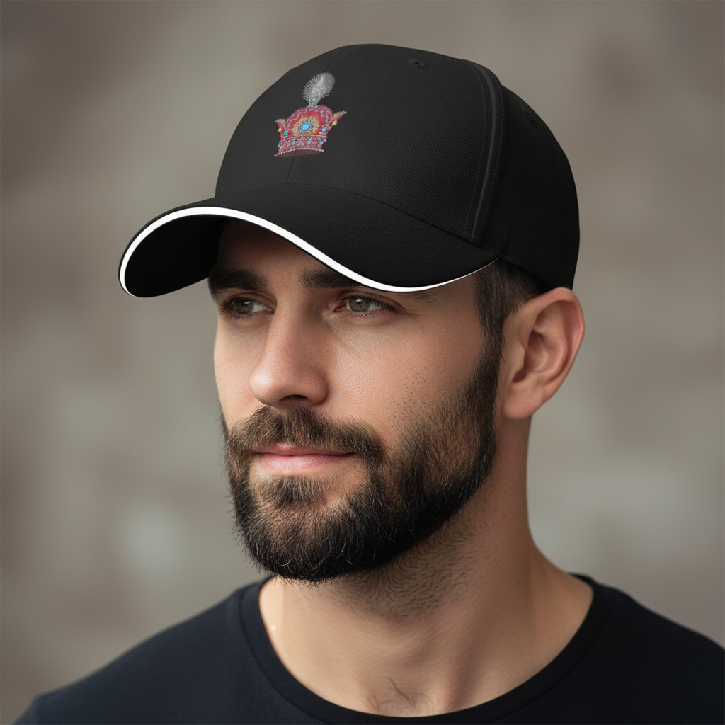 Black cap with a colorful embroidered design on a white background