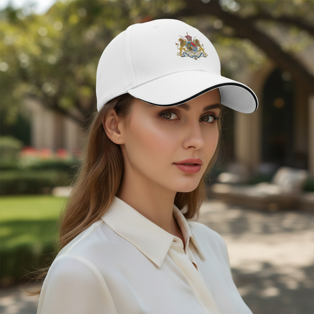 White cap with a colorful emblem on a white background
