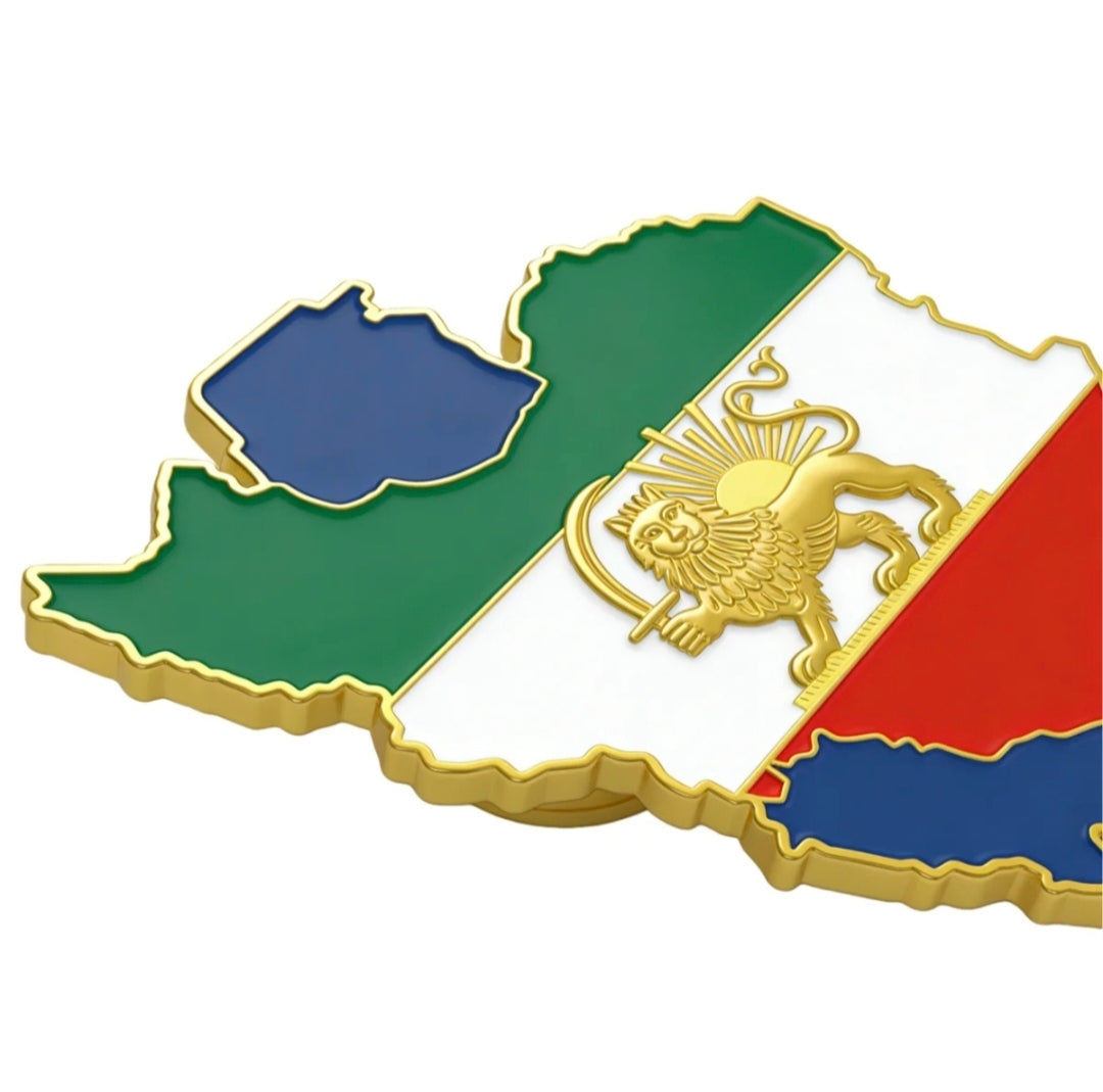 Iran Map Flag Badge Pin 3D – Lion and Sun Iran Map with Persian Gulf & Caspian Sea by LevarJewelz
