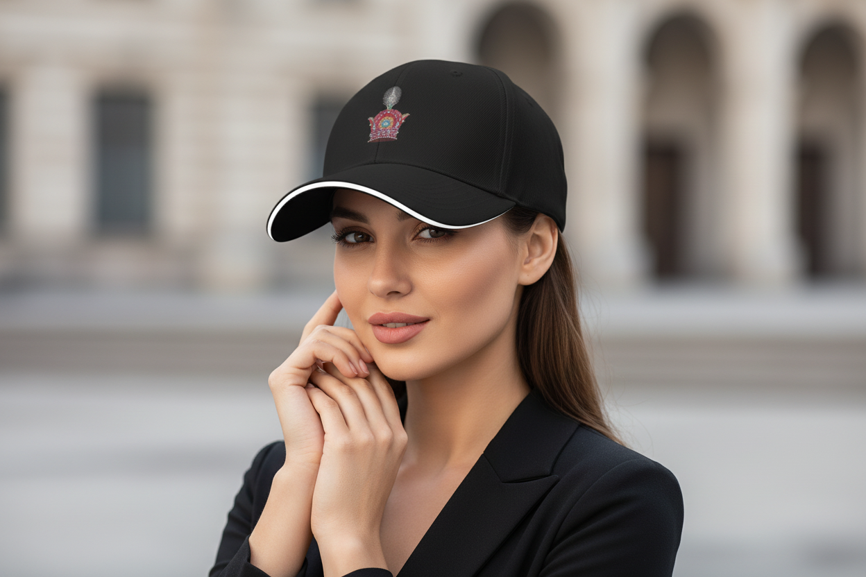 Black cap with a colorful embroidered design on a white background