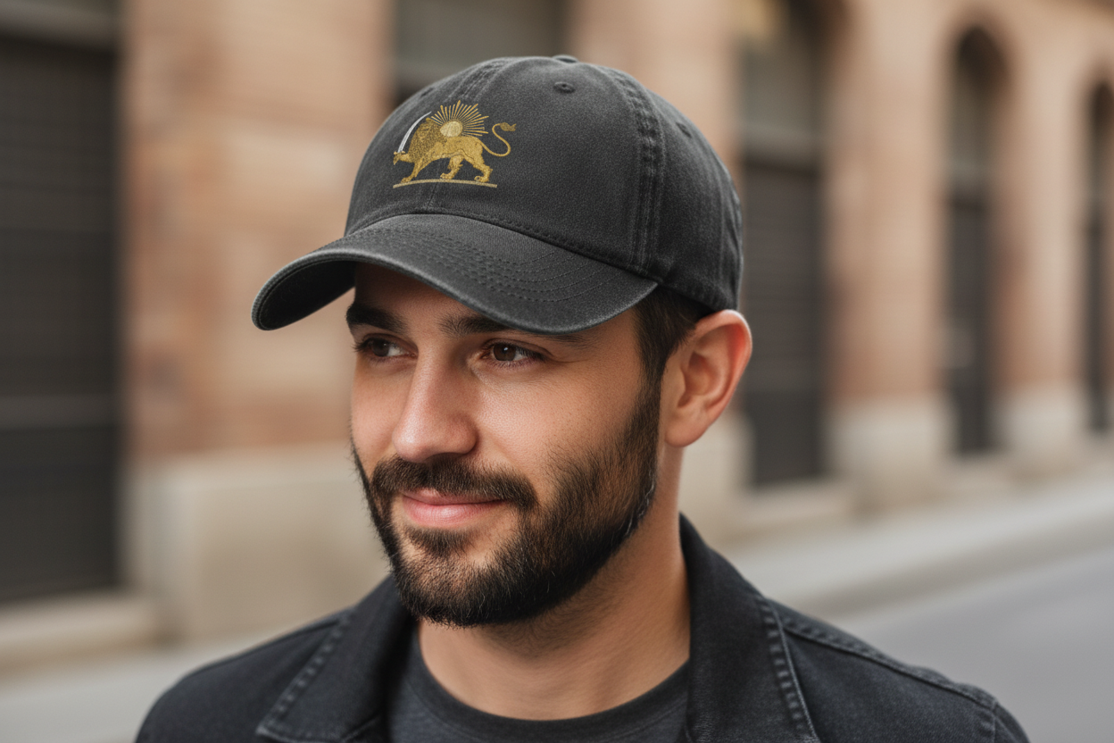 Vintage Washed Denim Baseball Cap with Iran Lion and Sun Emblem - Unisex Adjustable Cotton Hat by LevarJewelz