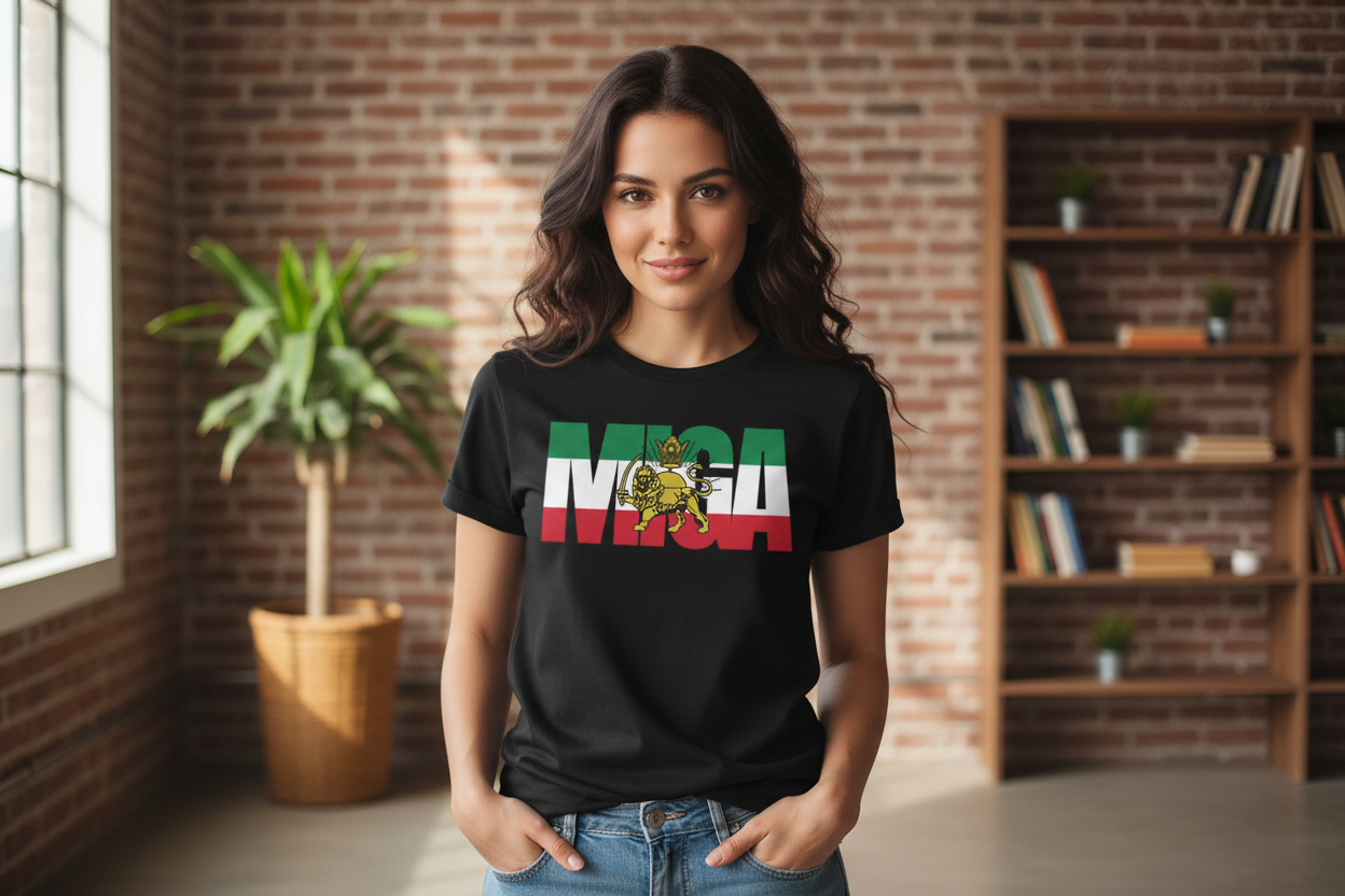 Woman wearing a black t-shirt with colorful text and design in a room with a brick wall and bookshelf.