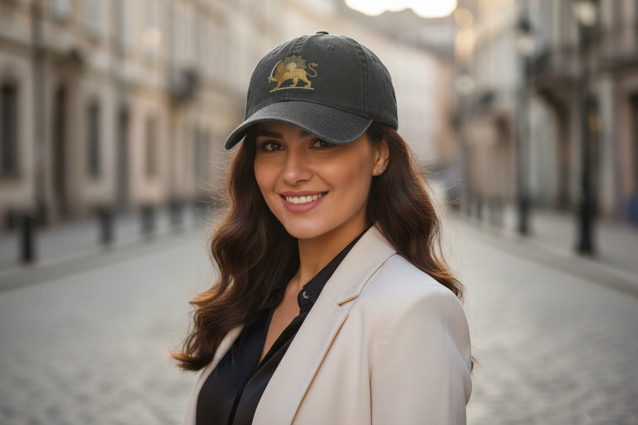 Black cap with a gold lion emblem on a white background