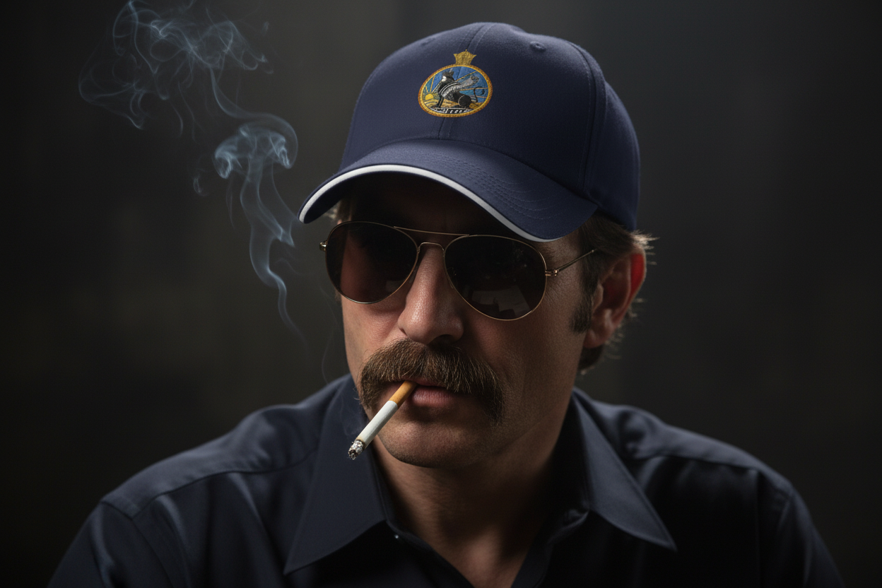 Man wearing a blue cap and sunglasses with a cigarette, against a dark background