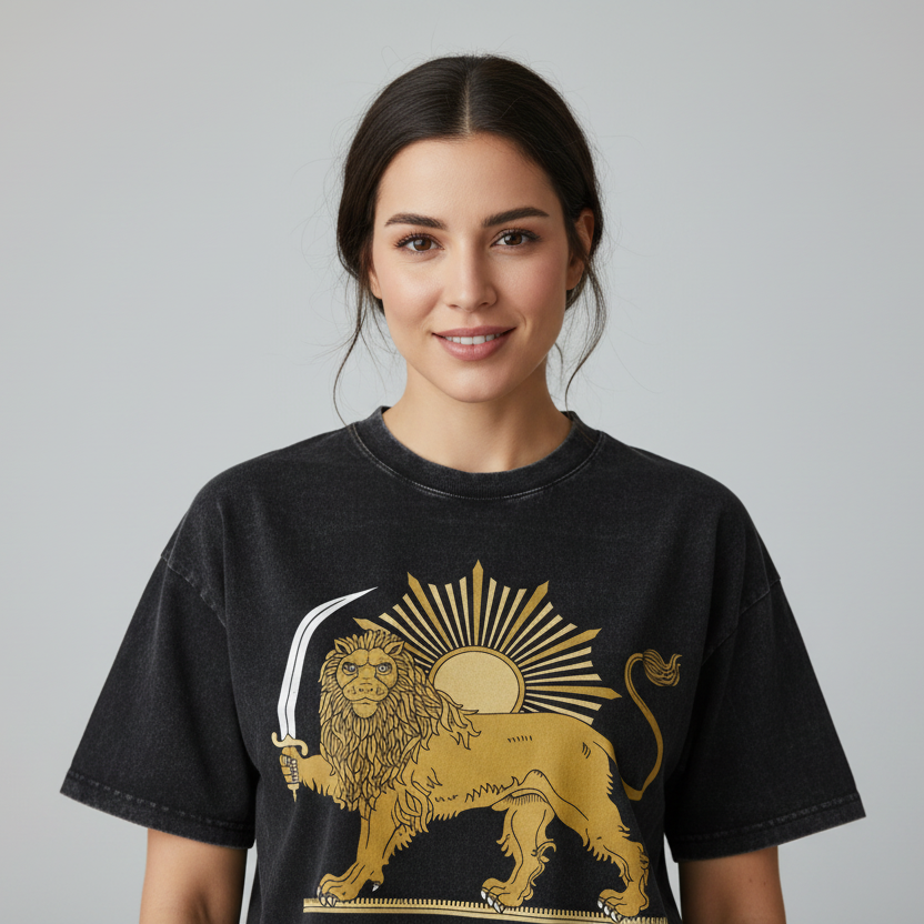 Black t-shirt with a gold lion and sword graphic on a white background