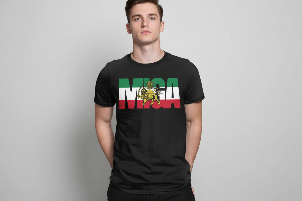 Person wearing a black t-shirt with a colorful logo and text on a gray background