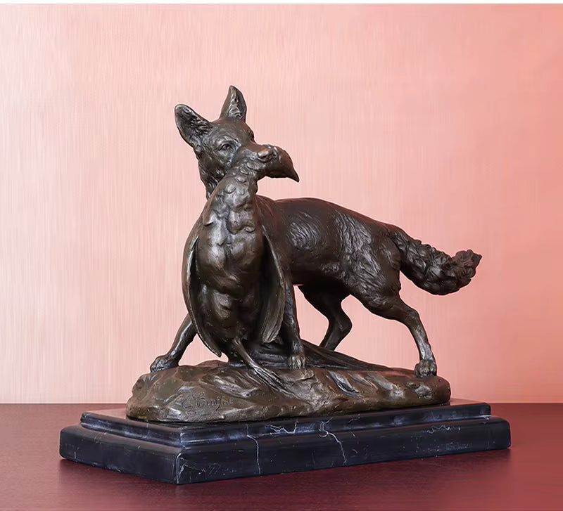 Bronze Fuchs Jagd Huhn Statue mit Marmorsockel – Wildtier-Skulptur für Zuhause, Wohnzimmer, Bürodekoration