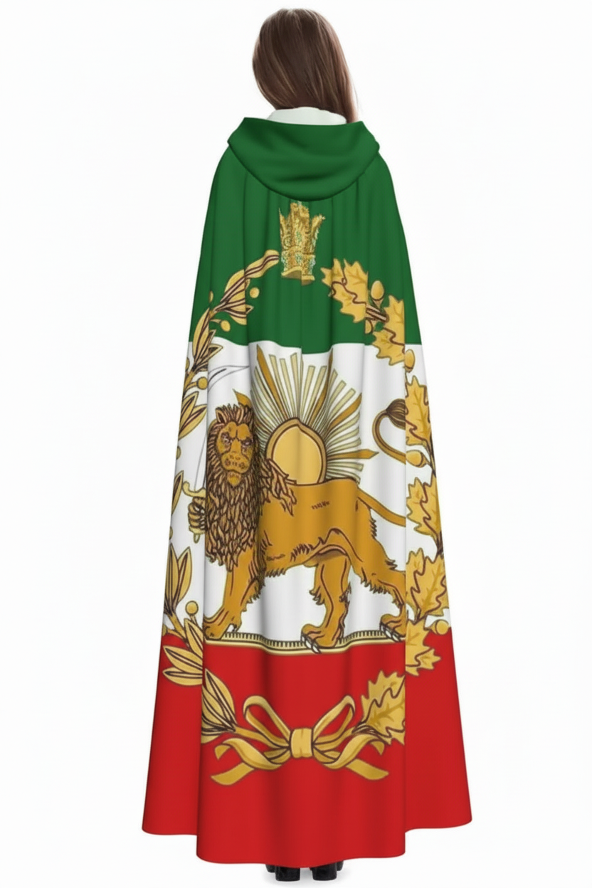 Person wearing a green, white, and red cape with a lion emblem on a white background