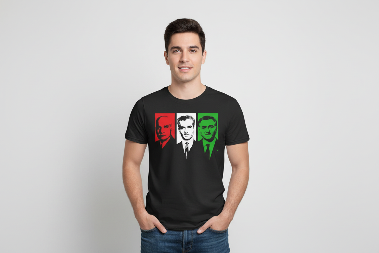 Man wearing a black t-shirt with a graphic design on a light gray background