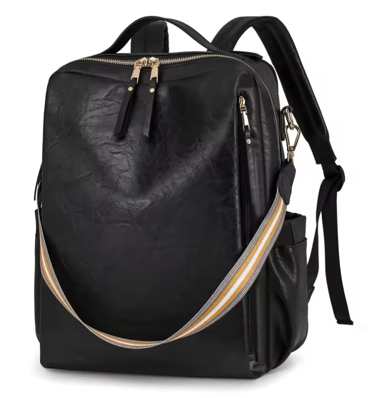 Black backpack with gold accents on a white background
