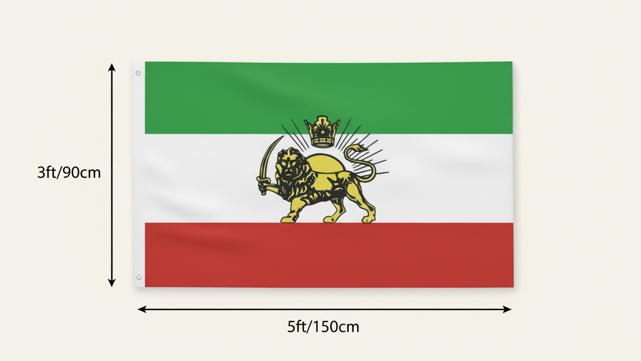 Flag with a lion emblem and measurements on a white background