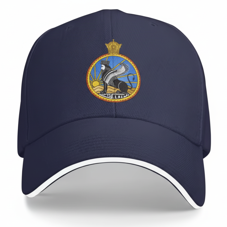 Navy blue cap with an embroidered emblem on a white background