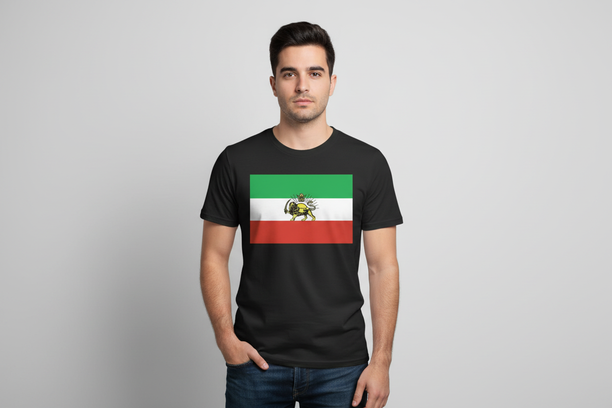 Man wearing a black t-shirt with a flag design on a gray background