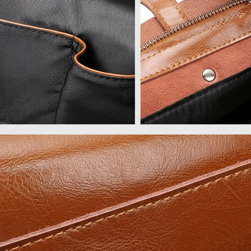 Close-up of a product with stitching and material details, labeled 'Exquisite internal craftsmanship' and 'Tight stitching line'.