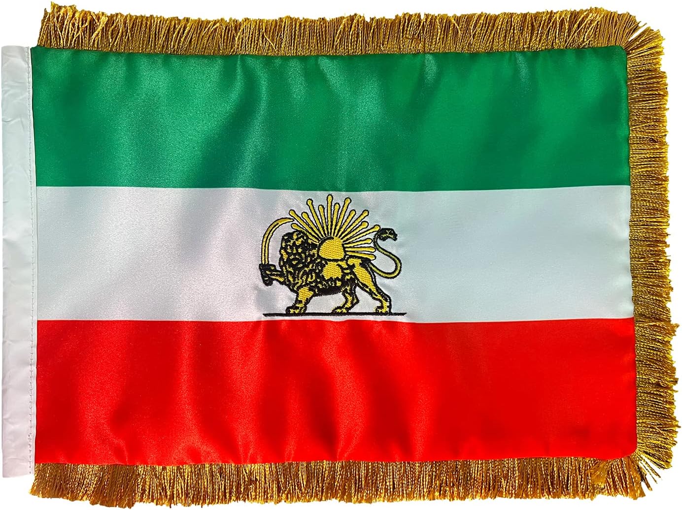 Flag with green, white, and red horizontal stripes and a central emblem featuring a lion and sun.