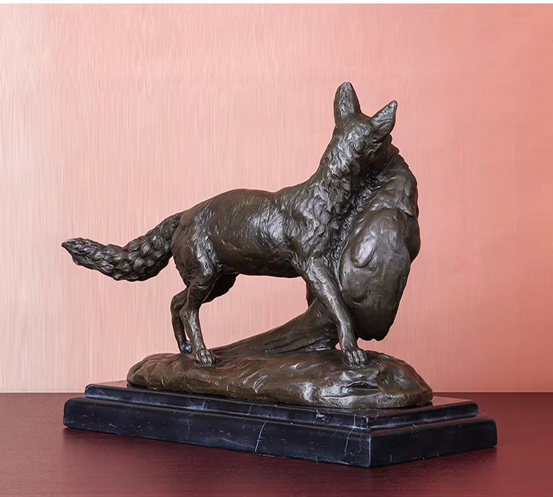 Bronze Fuchs Jagd Huhn Statue mit Marmorsockel – Wildtier-Skulptur für Zuhause, Wohnzimmer, Bürodekoration