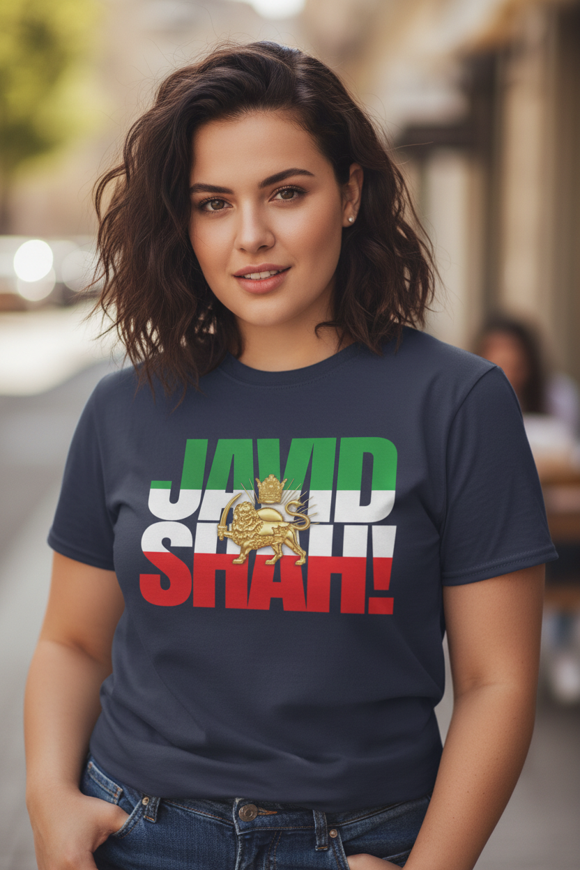 Navy blue t-shirt with colorful text and emblem on a white background