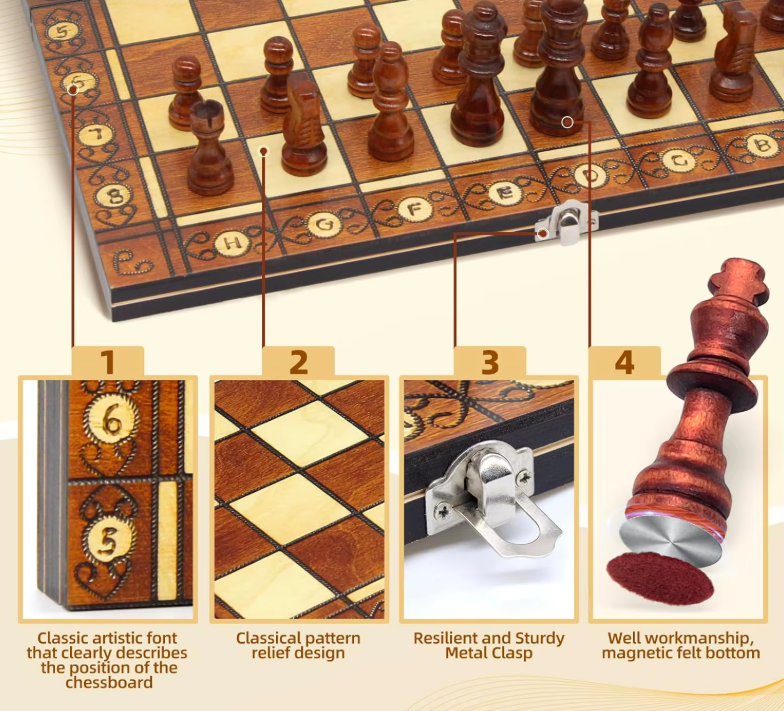 Opvouwbare 3-in-1 Houten Schaakset met Magnetisch Bord – Schaak, Dammen & Backgammon Reisspel (Meerdere Maten) van LevarJewelz