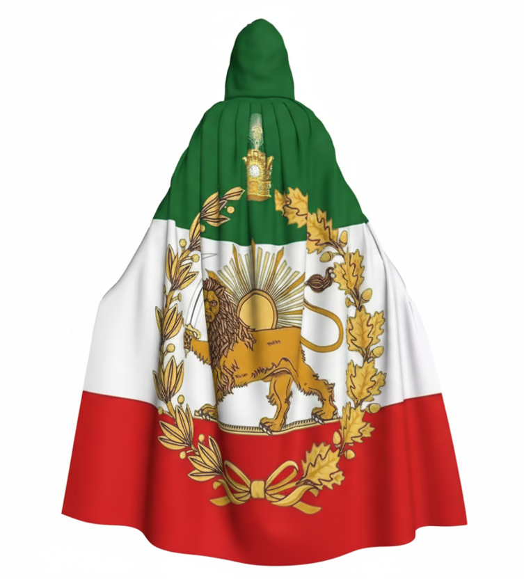 Capuchonmantel met driekleurige vlag van Iran, leeuw en zon – Shir o Khorshid Unisex Cape van LevarJewelz 