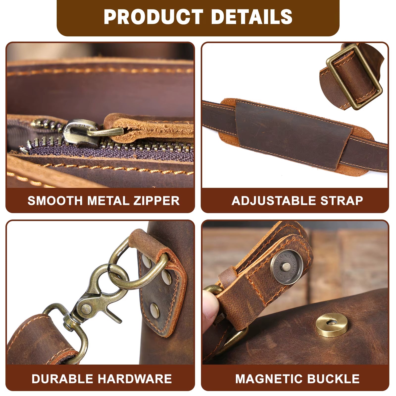 Product details of a brown leather bag with features like smooth metal zipper, adjustable strap, durable hardware, and magnetic buckle.