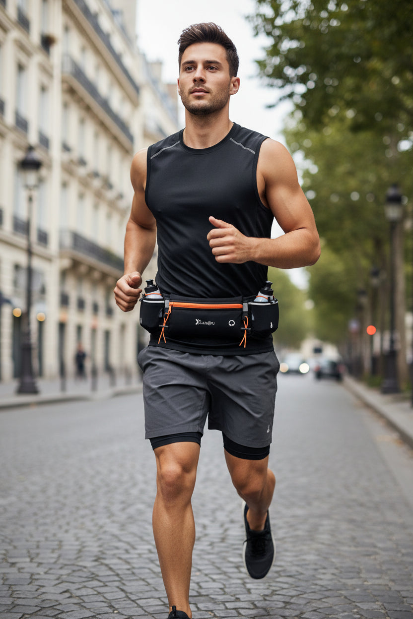 Black waist bag with orange accents and water bottle holders on a white background