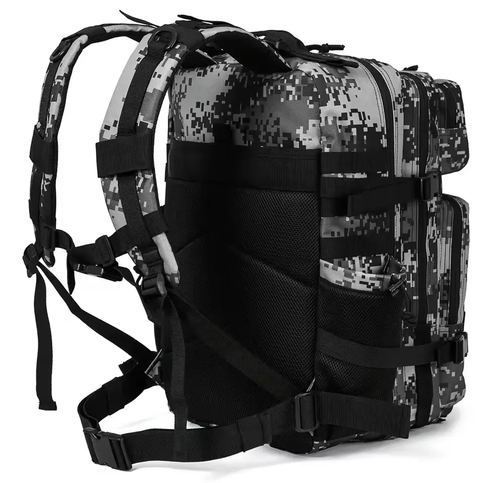 Digital camouflage backpack with black straps on a white background