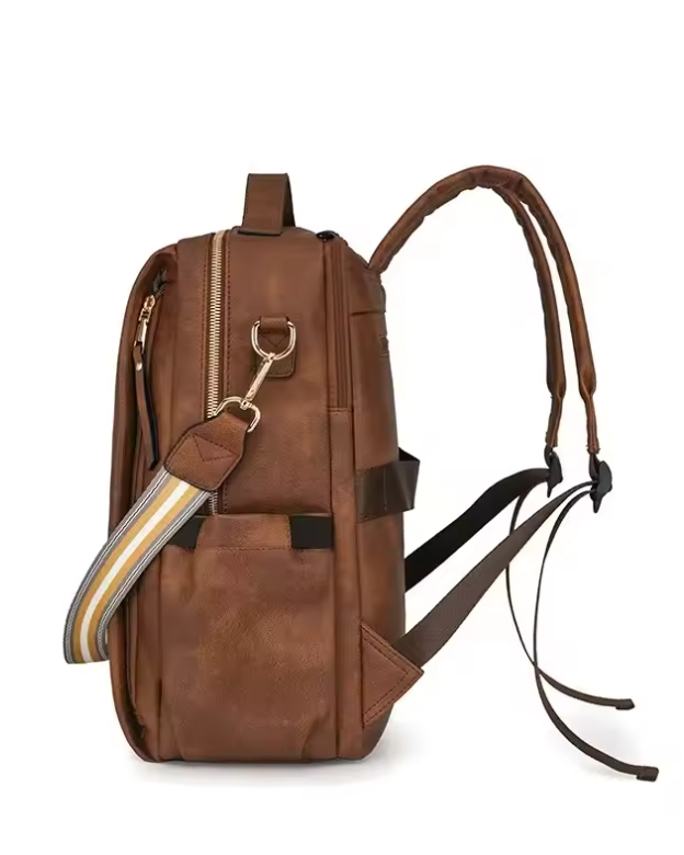 Brown leather backpack with a strap on a white background