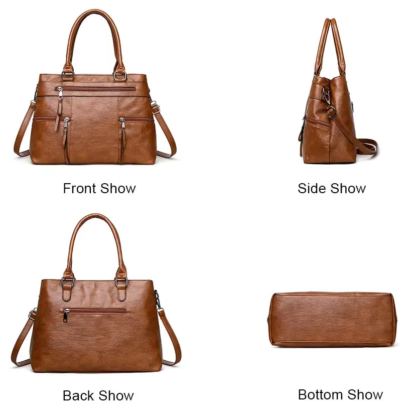 Brown handbag shown from front, side, back, and bottom angles with 'Vanderwah' branding.