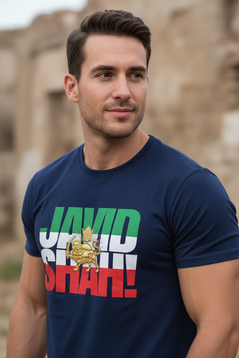 Navy blue t-shirt with colorful text and emblem on a white background