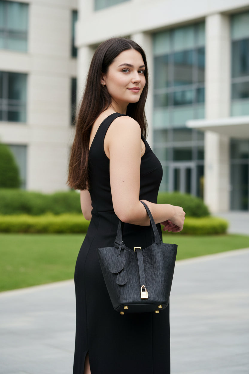 Black handbag with a gold lock on a light gray background