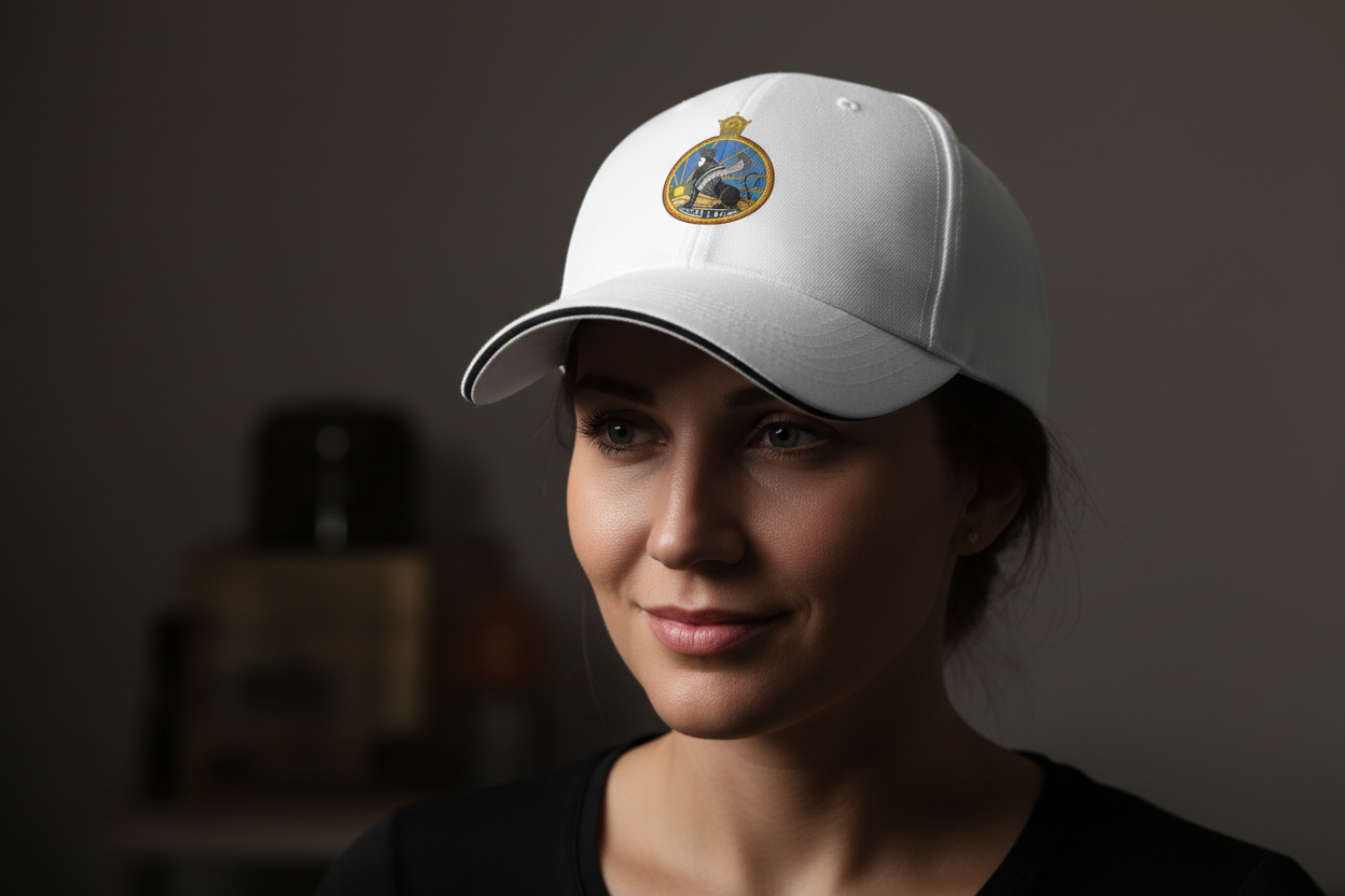 Person wearing a white cap with a logo on a dark background