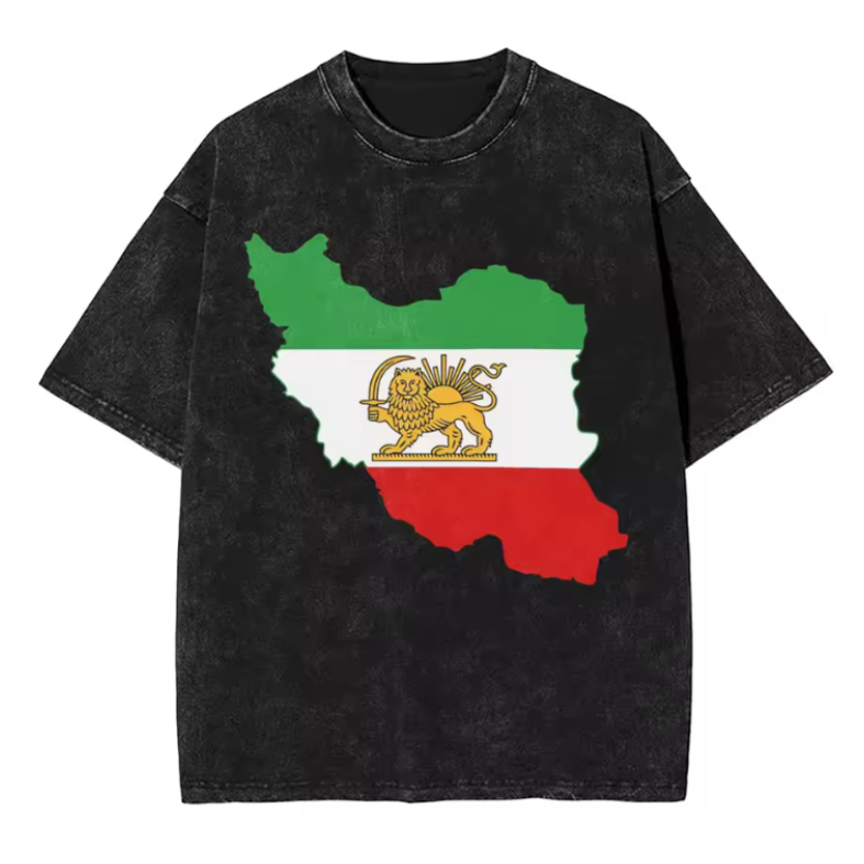 Black t-shirt with a graphic of Iran's flag on a white background