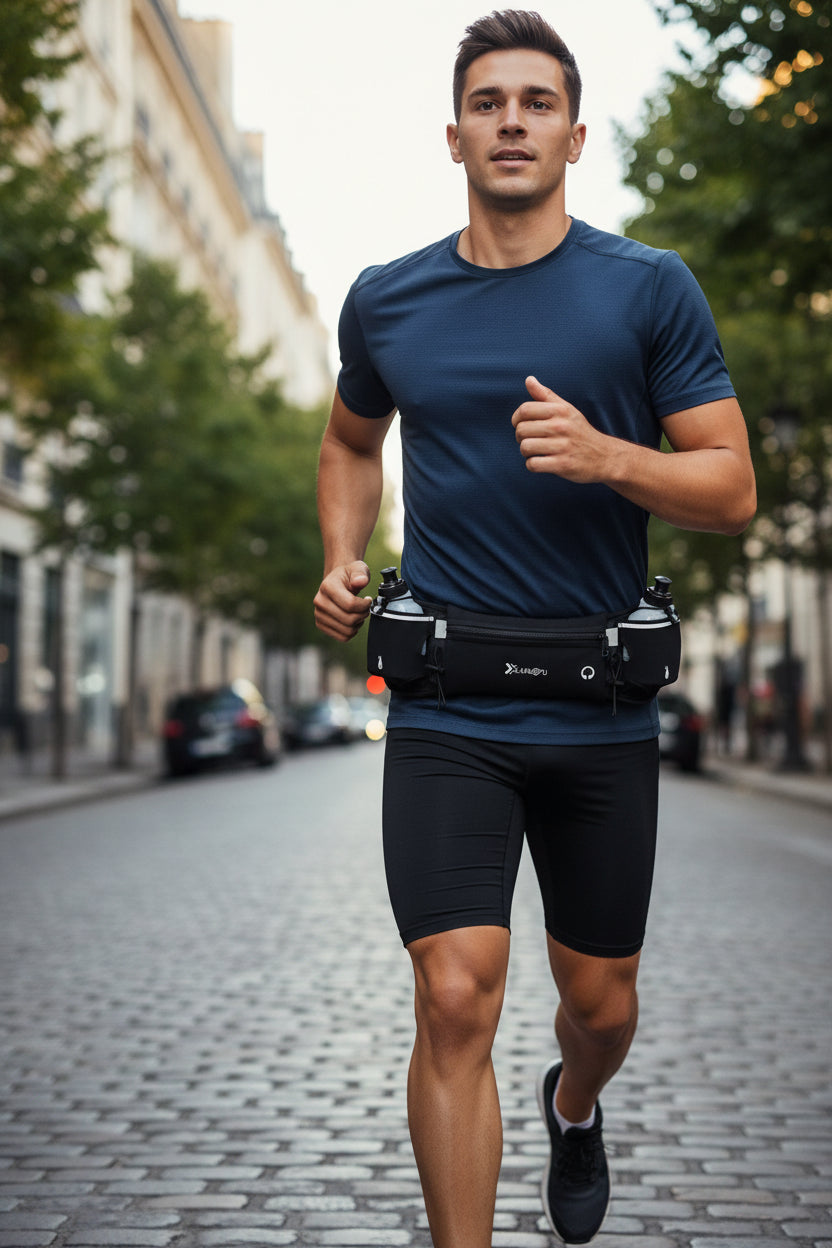 Black waist bag with water bottle holders on a white background
