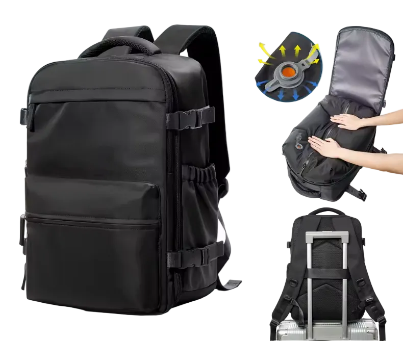Black backpack with vacuum compression feature on a white background