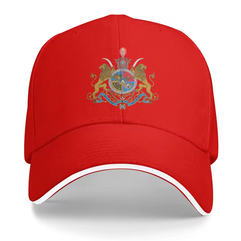 Red cap with a colorful emblem on a white background