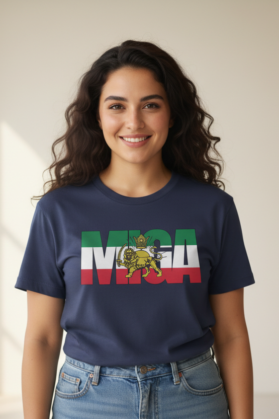 Navy blue t-shirt with MIGA logo featuring a lion and flag design on a white background