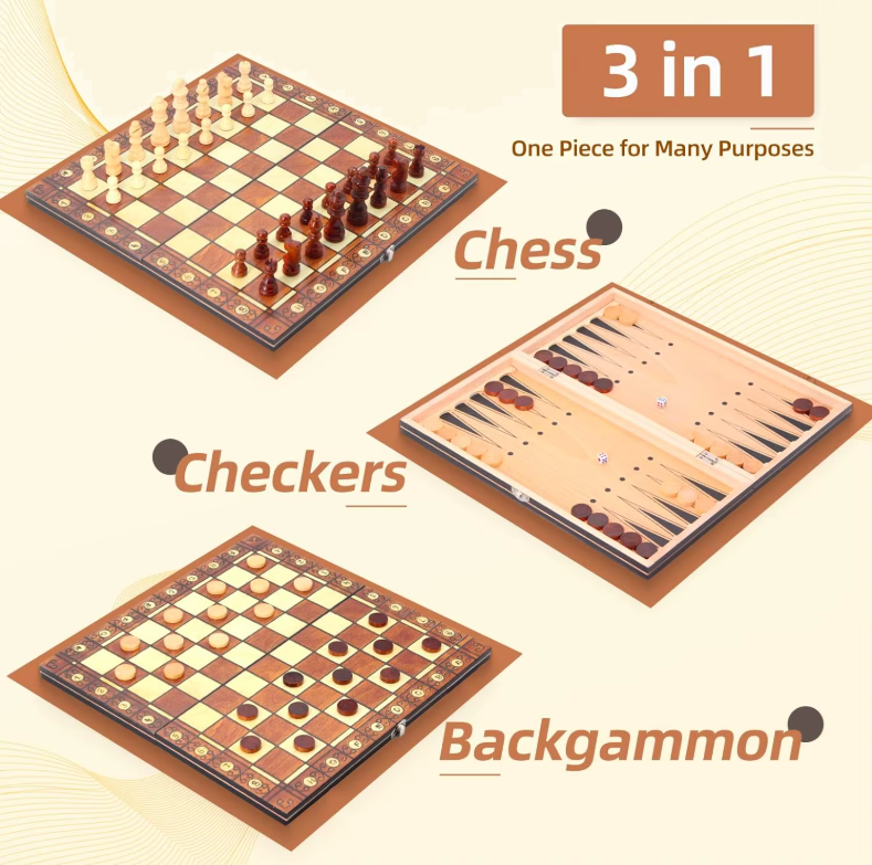 Opvouwbare 3-in-1 Houten Schaakset met Magnetisch Bord – Schaak, Dammen & Backgammon Reisspel (Meerdere Maten) van LevarJewelz
