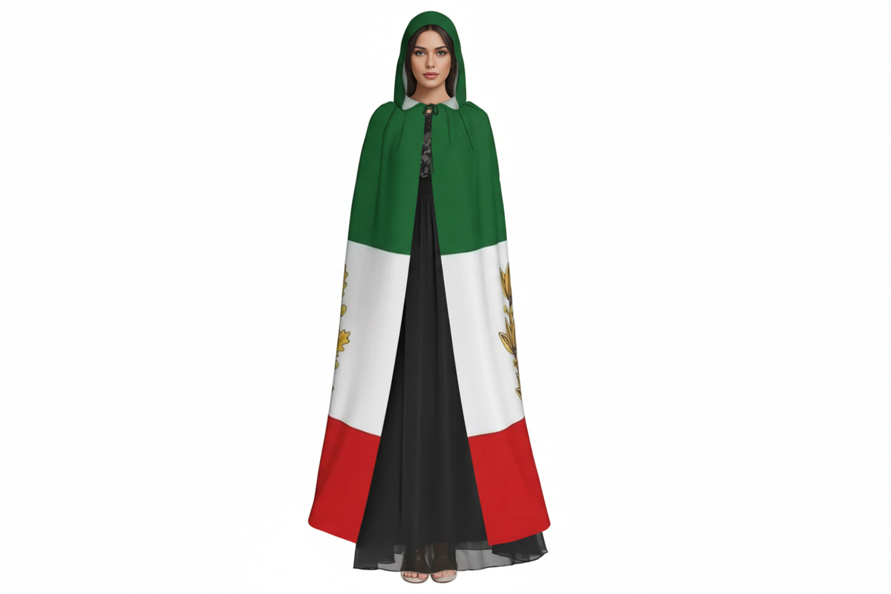 Woman wearing a flag-themed cloak with green, white, and blue colors on a white background