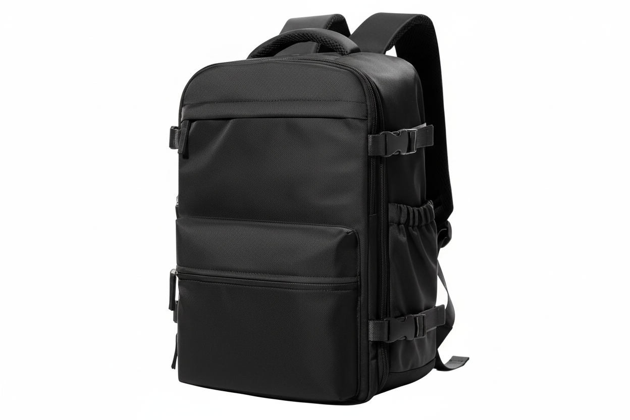 Black backpack on a white background