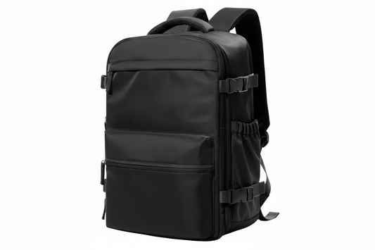 Black backpack on a white background