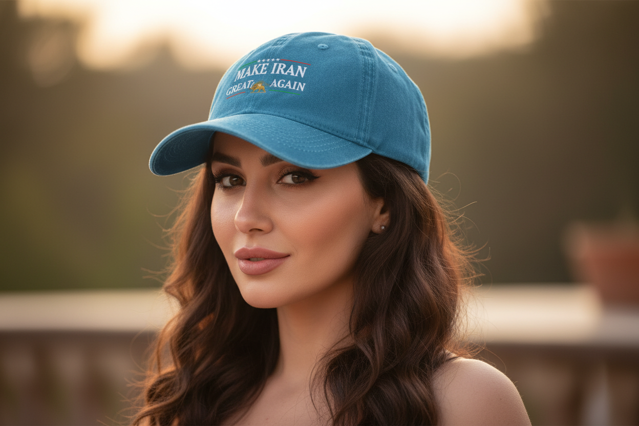 Blue cap with 'Make Iran Great Again' text and graphic on a white background