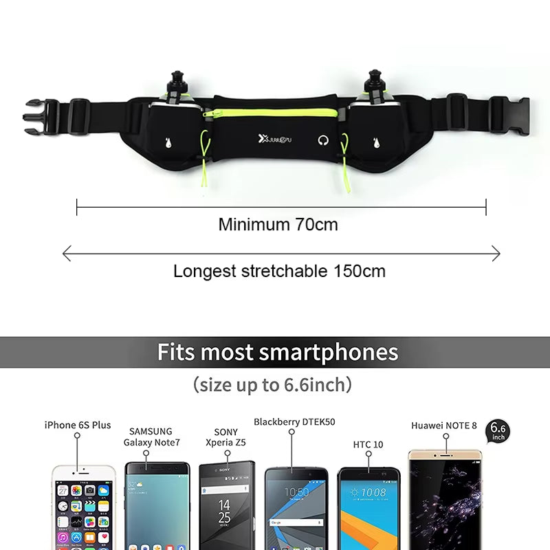 Black waist bag with measurement details and smartphone compatibility on a white background
