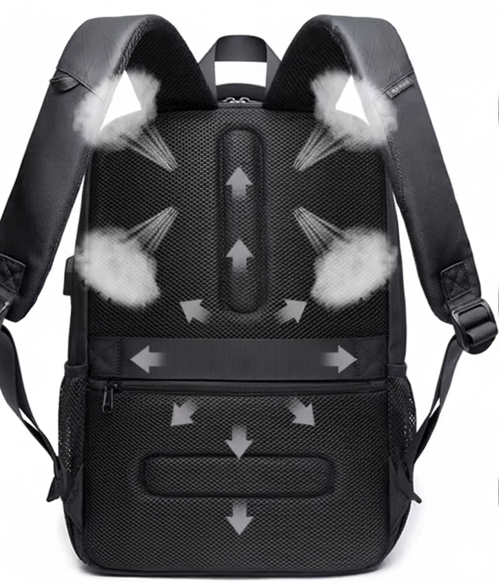 Black backpack with breathable sponge layer features, shown with close-ups of material and comfort.