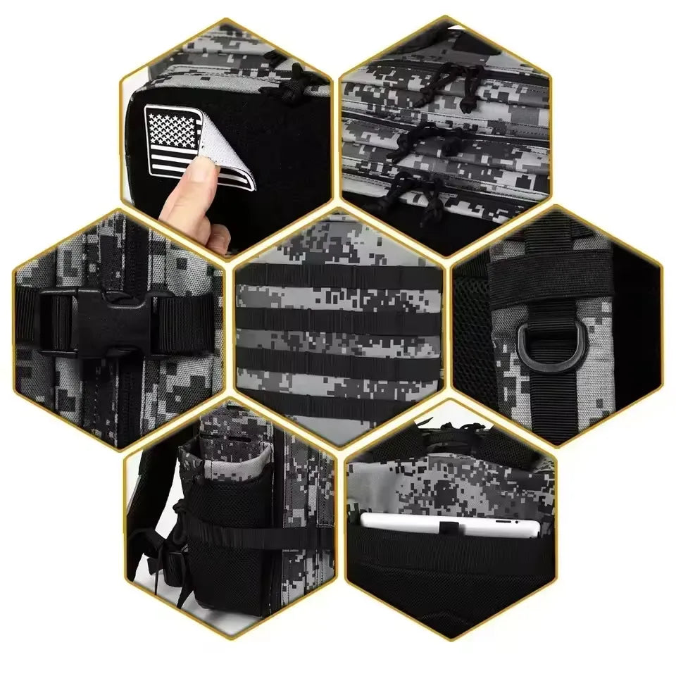 Hexagonal grid of images showing a tactical belt with digital camouflage pattern and American flag patch.