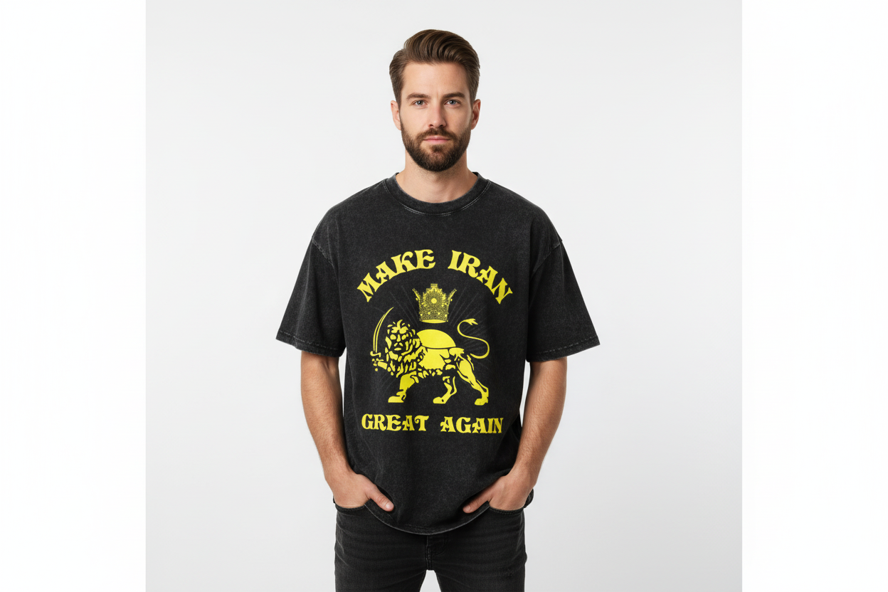 Black t-shirt with yellow graphic and text 'Make Iran Great Again' on a white background